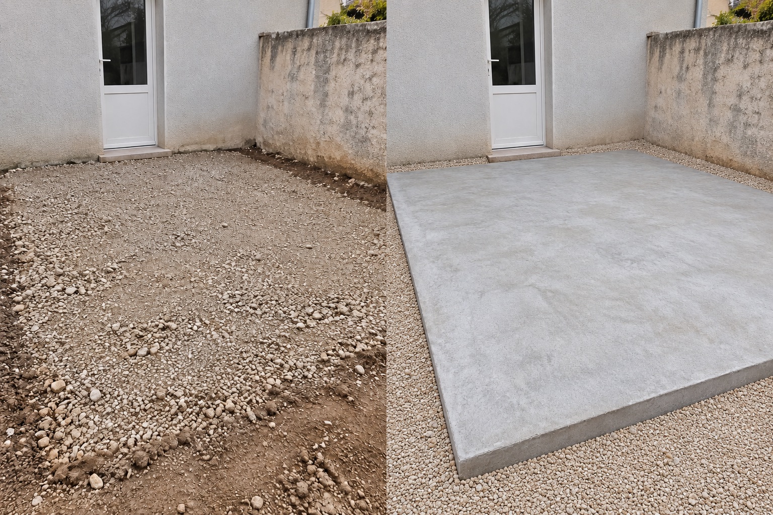 Dalle en béton avec abords nivelés et finition en gravier